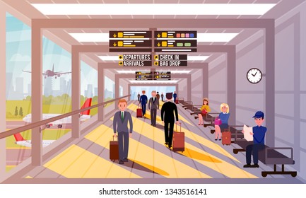 Busy People in Airport Lobby Flat Illustration. Happy People with Travel Bags and Suitcases Walk Around Airport Building Waiting for Flight or after Flight. Signposts Lead their Way.