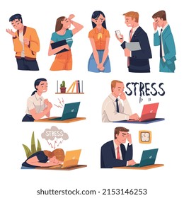 Busy People Character in Stress Feeling Tired and Exhausted Vector Set