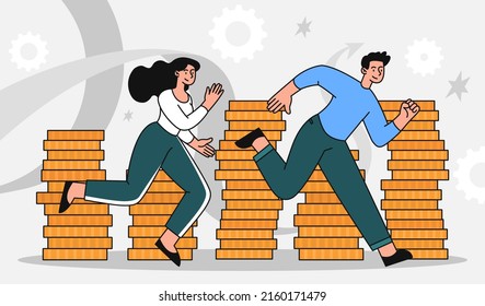 Busy People with coins. Employees running, metaphor for race of entrepreneurs. Financial literacy and passive income, successful investors, company development. Cartoon flat vector illustration