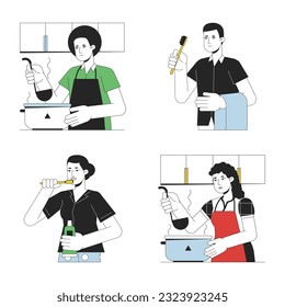 Personnes occupées à la maison jeu de caractères vectoriels à l'aquarelle. Tracé modifiable du corps entier les gens cuisinent et se brossent les dents sur le blanc. Pack d'illustrations simples de dessins animés pour la conception graphique sur le Web
