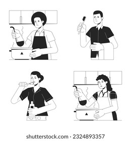 Personnes occupées à la maison à plat, ensemble de caractères vectoriels noirs blancs. Tracé modifiable du corps entier les gens cuisinent et se brossent les dents sur le blanc. Illustrations ponctuelles de caricatures courantes pour le web design graphique
