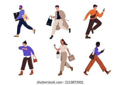 Busy people are late concept. Set of stylish men and women running to office. Employees drink coffee, look at clock and talk on phone on go. Cartoon flat vector collection isolated on white background