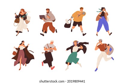 Busy people are late, running fast, hurrying and doing business on the fly. Set of man and woman rushing, working and talking on phone on the go. Flat vector illustration isolated on white background
