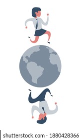 A busy people running on top of a globe. Vector illustration flat design