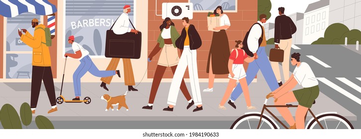 Busy people traffic on modern city street. Summer cityscape with happy pedestrians, cyclist on bicycle, kid on scooter, couple with dog walking. Colored flat vector illustration of urban panorama