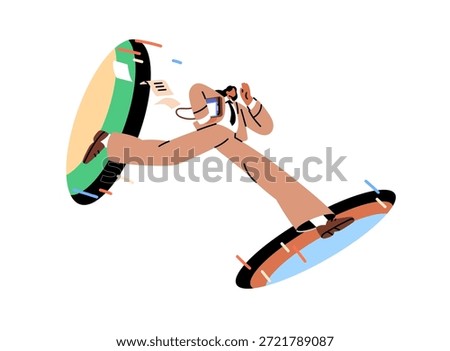 Busy person is late to work, hurries up, runs through portals. Woman in suit is rushing, comes out hole. Business girl jumps in magic teleport. Flat isolated vector illustration on white background