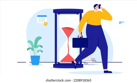 Persona ocupada - Hombre caminando mientras habla por teléfono y vidrio de hora sin tiempo. Ilustración vectorial de diseño plano con fondo blanco
