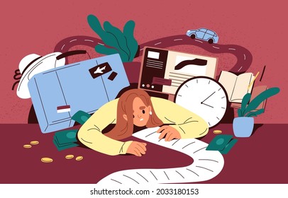 Busy person overloaded with many tasks in to-do list and lot of plans for holiday travel. Concept of multitasking and businesses burden. Woman in stress with multiple problem. Flat vector illustration