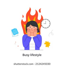 Busy Person In Stress And Fatigue At Work. Young Tired Woman With Bad Mood Working In Office. Employee With Emotional Burnout Due To Overload. Cartoon Flat Vector Illustration In Doodle Style