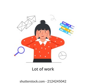 Busy person in stress and fatigue at work. Young woman gets tired of lot of work and holds her head. Employee with emotional burnout and headache. Cartoon flat vector illustration in doodle style