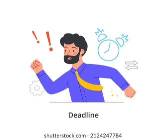 Busy person in stress and fatigue at work. Bearded tired man runs and late. Young Employee breaks deadline and does not complete project. Cartoon modern flat vector illustration in doodle style