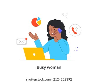 Una persona ocupada con estrés y fatiga en el trabajo. La mujer trabaja en una computadora, habla por teléfono y se cansa de mucho trabajo. Apagón emocional en el empleado. Dibujo vectorial plano de caricatura en estilo doodle