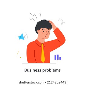 Busy person in stress and fatigue at work. Young confused man holding his head because of business problems. Tired entrepreneur or employee. Cartoon modern flat vector illustration in doodle style