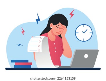 Busy person at workplace. Woman with to do list sits at laptop, young girl in office. Overworked employee with emotional burnout. Deadline pressure, panic and stress. Cartoon flat vector illustration