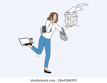 Um profissional ocupado equilibrando várias tarefas em seus dispositivos de telefone e notebook