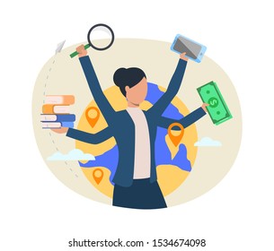 Busy professional vector illustration. Businesswoman holding money, books, magnifying glass, smartphone. Multitasking concept. Vector illustration for topics like business, lifestyle, stress