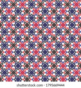 Busy red, black and blue repeating seamless flower pattern made from geometric shapes in blue, red and black colors, vector illustration	