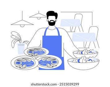 Busy restaurant isolated cartoon vector illustrations. Restaurant waiter in uniform holding a lot of plates with food, service sector, horeca business, working hard in a cafe vector cartoon.