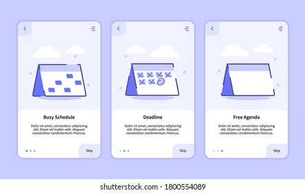 Busy schedule deadline free agenda onboarding screen for mobile apps template banner page UI with three variations modern flat outline style