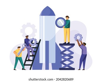 Busy scientist assembling rocket in factory for ready to launch to the moon vector cartoon background illustration.