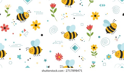 Patrón inconsútil ocupado que presenta abejorros felices que vuelan entre flores coloridas y Formas abstractas geométricas sobre un fondo blanco.