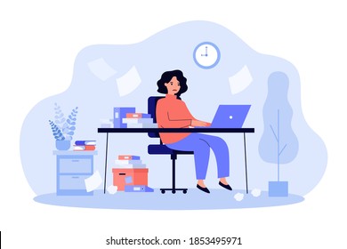 Busy secretary sitting at desk with laptop, folders and pile of papers isolated flat vector illustration. Cartoon overworked businesswoman working in office. Workaholic and workplace concept