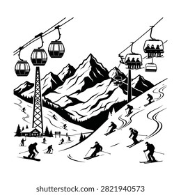 Busy ski resort scene featuring skiers on slopes, gondola lifts carrying passengers, and snowy mountain peaks. Active winter sports atmosphere.