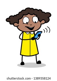 Busy with Smartphone - Retro Black Office Girl Cartoon Vector Illustration