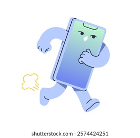 Busy smartphone runs fast to get in time. Cute delayed character of mobile phone hurry up to overdue deadline. Funny telephone is late, rushing. Flat isolated vector illustration on white background