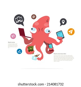 busy squid character. management concept. social network icon - vector illustration