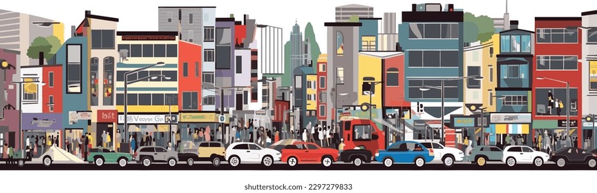 Busy street of buildings background vector illustration