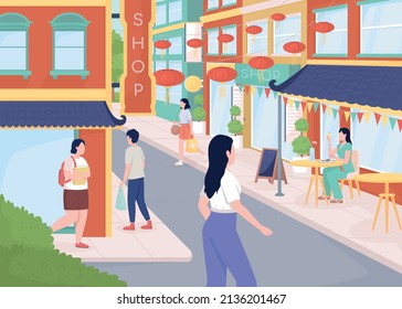 Busy street in Chinatown lat color vector illustration. Chinese community. People visiting restaurants and shops 2D simple cartoon characters with cityscape on background. Comfortaa font used