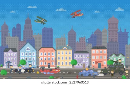 Busy street with colorful buildings, people, cars and planes flying overhead. Ideal for city life, urban planning, vintage aviation, transportation, pixel art. Police and military