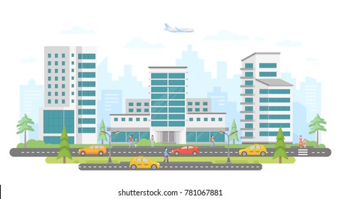 Busy street - modern colorful flat vector illustration on white background. Lovely housing complex with skyscrapers, trees, cars and taxis on the road, a lot of people walking, airplane in the sky
