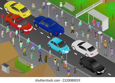 A busy street with moving cars and people walking along the sidewalks. Bright illustration of everyday city life. Flat style. Isometric view. Vector illustration