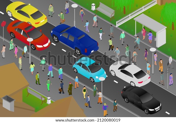 A busy street with\
moving cars and people walking along the sidewalks. Bright\
illustration of everyday city life. Flat style. Isometric view.\
Vector illustration