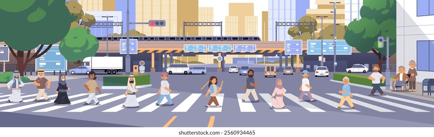 Busy street scene with diverse people group walking across intersection. Pedestrians cross the road flat vector illustration