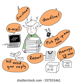 Busy and stressed man with multitasks, stacks of files, emails and correspondence waiting for reply. vector illustration.