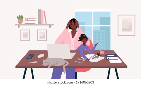 Busy stressed mother sits with a baby and works at a laptop, multitasking woman. Home office. Mother freelancer, remote work and raising a child. Maternity and career.Flat cartoon vector illustration.