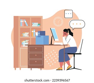 Busy stressed person. Overworked woman with headache and emotional burnout from work. Tired employee experiences psychological pressure from business task and project. Cartoon flat vector illustration