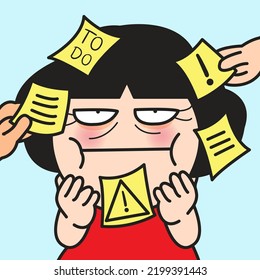 Busy Stressed Woman Covered With Messages On Sticky Notes Memo All Over Her Head Concept Card Character illustration