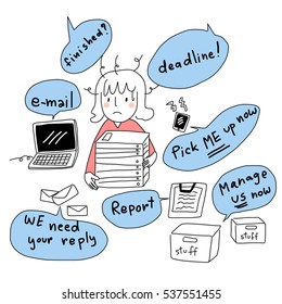 Busy and stressed woman with multitasks, stacks of files, emails and correspondence waiting for reply. vector illustration