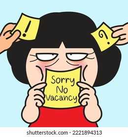 Busy Stressed Woman Put On Sticky Notes Memo With Messages Sorry No Vacancy To Her Mouth Concept Card Character illustration