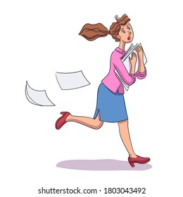 Busy stressed woman worker, secretary, executive manager stress running holding document pile in hand. Work problem, deadline fail, overtime job. Vector office design illustration