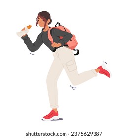 Busy Student Girl, Backpack Slung, Takes Quick Bites From A Snack While Rushing To Class. Multitasking On The Go, Character Fueling Her Studies With Every Step. Cartoon People Vector Illustration