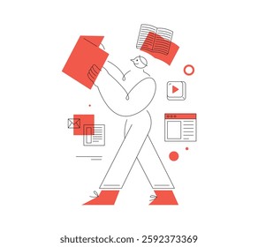 Busy Student. Learning and education. Line illustration. A walking person. Abstract style.