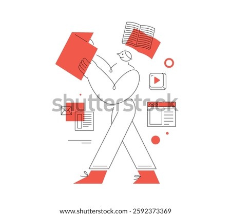Busy Student. Learning and education. Line illustration. A walking person. Abstract style.