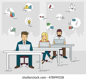 Estudiantes ocupados trabajando en el escritorio y aprendiendo con laptop. Ilustración plana resumida de la gente aprende y conoce símbolos de medios sociales como idea, diagrama, correo electrónico, examen y codificación