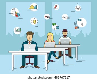 Busy students working at university and learning with laptop. Flat outlined illustration of people learn and get knowledge with social media symbols such as idea, diagram, email, exam, and coding