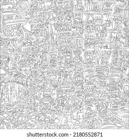 Busy texture created from cropped detail of freehand drawn imitation machine drawing
